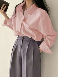 DAZY 女式纯色翻领长袖衬衫，正面有纽扣，长袖上衣 - 粉色 - 查看 2