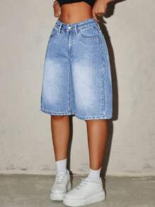 SHEIN Tall 女式渐变色口袋夏季休闲宽松牛仔短裤 - 淺色水洗藍 - 查看 4