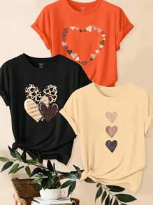 Calvaya Bộ 3 áo thun tay ngắn cổ tròn in họa tiết da báo/trái tim cỡ lớn dành cho nữ, áo thun họa tiết mùa hè Be Real Not Perfect dành cho nữ - Nhiều màu - Xem 1