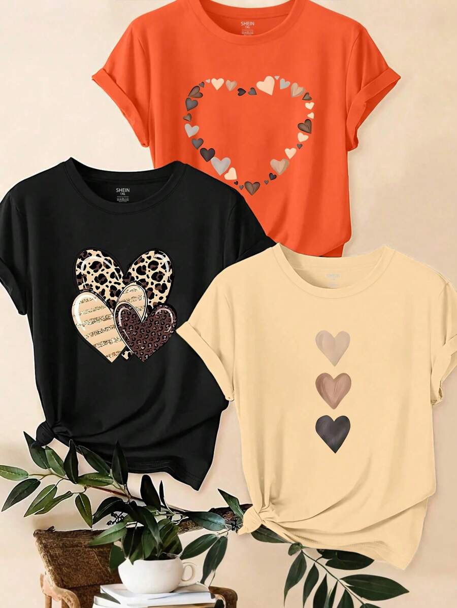 Calvaya Bộ 3 áo thun tay ngắn cổ tròn in họa tiết da báo/trái tim cỡ lớn dành cho nữ, áo thun họa tiết mùa hè Be Real Not Perfect dành cho nữ - Nhiều màu - Xem 1