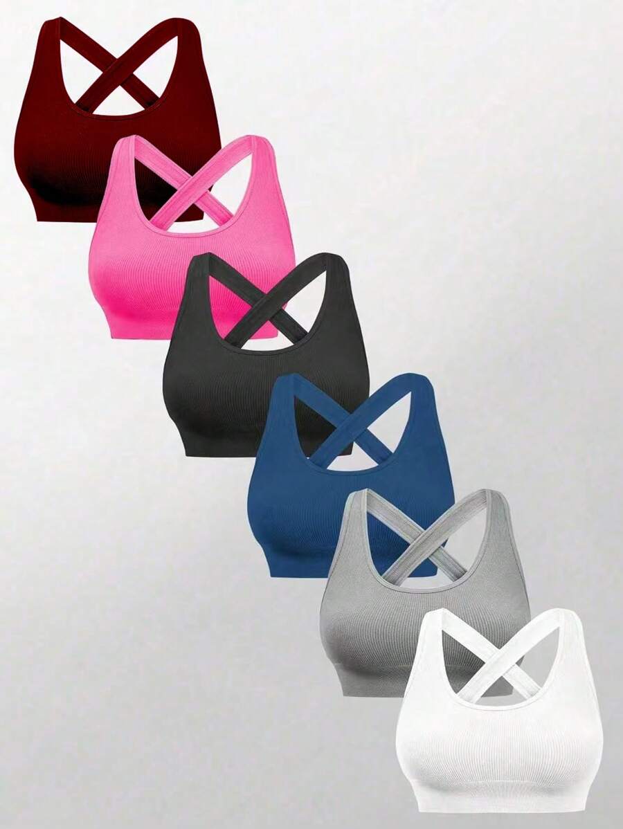 Easithlete 6 件女式纯色 U 领交叉背部设计休闲运动 T 恤（无缝），女式运动胸罩女式运动胸罩健身上衣女式健身服女式健身服女式瑜伽胸罩罗纹运动胸罩交叉背部运动胸罩健身胸罩女式运动胸罩套装 - 彩色 - 查看 1