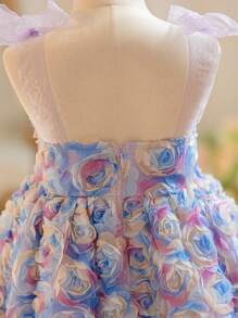 SHEIN 年轻女孩 3D 玫瑰花蝴蝶结装饰无袖吊带 A 字连衣裙，适合派对、节日和生日穿着 - 淡紫色 - 查看 5