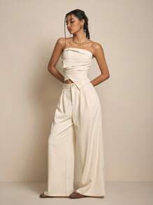 Easelle Women's Spring And Summer Leisure Vacation Texture Folded Pleated Seaside Apricot Suit - Apricot - View 4