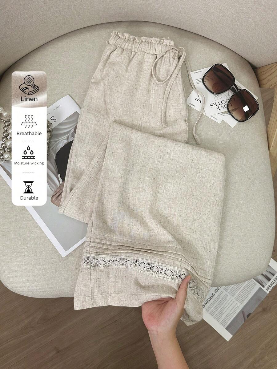 SHEIN LUNE Pantalones fluidos de trabajo de lino para mujer, pantalones de verano de tela de lino color albaricoque con inserto de encaje con volantes, cintura elástica, pantalones sueltos para mujer, pantalones de lino estilo "Old Money" europeo para el verano en el aeropuerto - Albaricoque - Ver 1