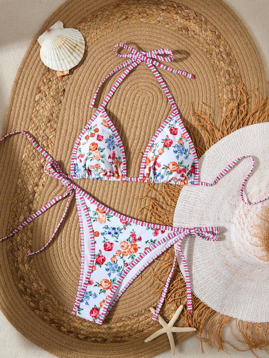 SHEIN Swim Women's Floral Print Halter Neck Bikini Set With Tie Detail, Fashionable And Comfortable For Beach Wear For Summer Beach Vacation