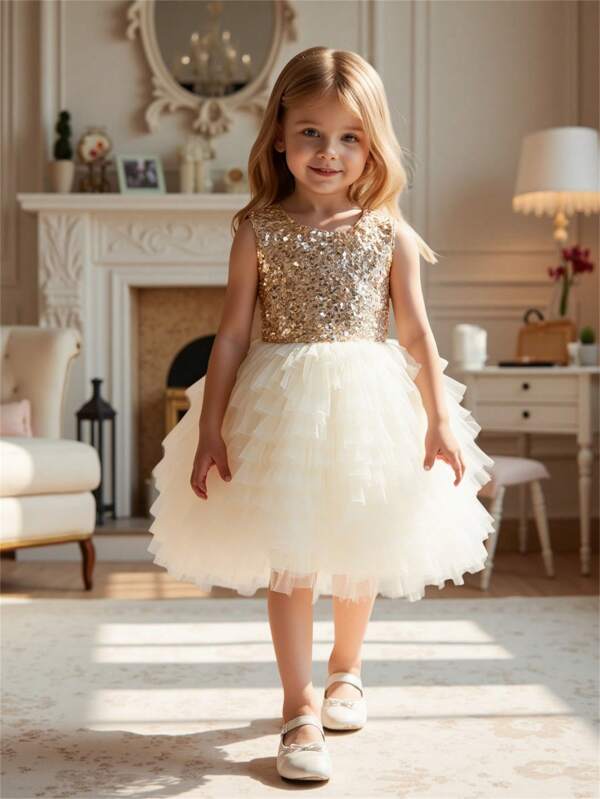 Glamorique Kids Girls Sequins Bowknot Layered Cake Skirt, Suitable For Gatherings, Birthdays, Festivals, Parties, Performances, Weddings And Other Formal Events