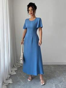 Elenzga Váy dài chữ A thanh lịch cho nữ, mùa hè - Màu xanh lam - Xem 3