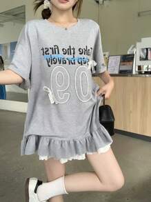 DAZY Women's Round Neck Graphic Bowknot Ruffle Hem Solid Letter Print Short Sleeve T-Shirt Cute Tops - Grey - View 4