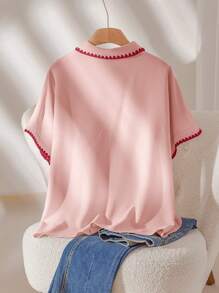 CosyJoli Plus Size Casual Color Block Batwing Sleeve Shirt Spring To Summer - Pink - View 2
