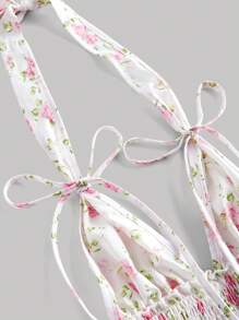 SHEIN MOD Floral Print Ruffle Halter Neck Women Top, Bow Decor, Ruffle Hem, Romantic, Holiday, Date,Valentine Day,Vacation Woman,Birthday For Women,Beach For Woman,Cute Tops - White - View 4