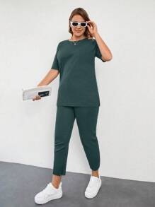 EURMUSE 大尺碼夏季坑條紋短袖上衣配錐形褲適用於外出穿著 - 墨綠色 - 查看 5