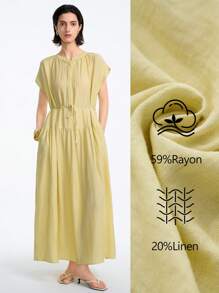 Aalyst 女士法式优雅高端简约时尚通勤/办公室/休闲/假日下午茶纯亚麻面料立领插肩袖直筒腰部 A 字褶腰带中长连衣裙，春夏 - 黃色 - 查看 1