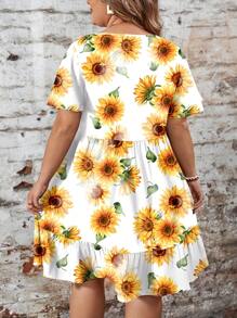 EMERY ROSE Casual Simple Sunflower Print Bright Yellow Loose Fit Round Neck Short Sleeve Plus Size Dress, Suitable For Spring/Summer Vacation Chic Dress - Multicolor - View 2