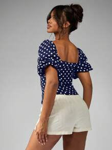 MISSGUIDED LINEN POLKA DOT TAILORED PUFF SLEEVE TOP
