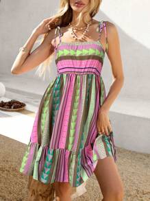 SHEIN VCAY Women's Geometric Print Spaghetti Strap Tie Up Mini Dress, Suitable For Summer