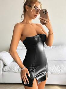 SHEIN ICON Vestido de regreso a casa de tubo negro de piel sintética (PU) entallado con abertura en el bajo