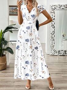 Breezaya Women's V-Neck Leaf Floral Print Long Dress, A-Line Waist Cinched Dress For Summer Women Summer Clothing