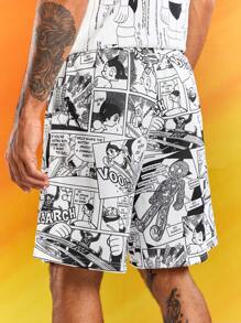 Astro Boy X SHEIN Men's Summer Casual Cartoon Print Drawstring Waist Shorts - Black and White - View 2