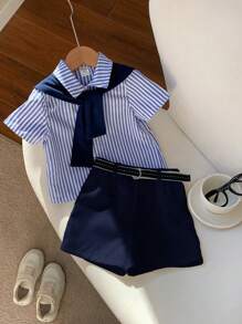 4 件套小男孩夏季可爱条纹短袖衬衫、松紧腰短裤、披肩、绅士套装（配腰带），适合生日派对、晚会、表演、婚礼、返校、度假