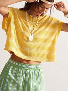 Bohemela BOHO Casual Beach Holiday Solid Color Knit Striped Loose T-Shirt For Women