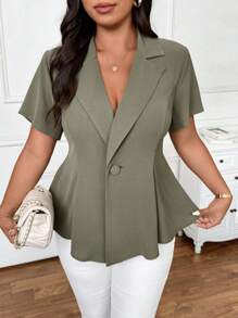 SHEIN Frenchy Plus Size Minimalist Versatile Elegant Green Short Sleeve Suit Blazer, Suitable For Work Office Commute, Summer Graduation,Back To School,Teacher Outfits For Women In Fall/Winter - Green - View 1