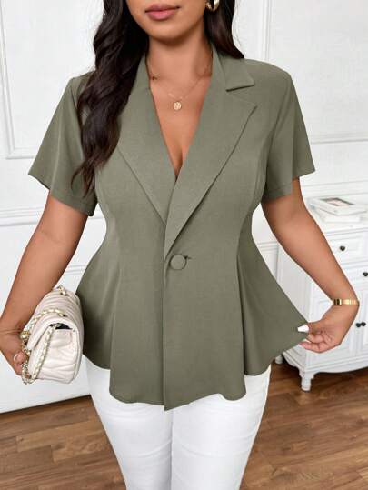 SHEIN Frenchy Plus Size Minimalist Versatile Elegant Green Short Sleeve Suit Blazer, Suitable For Work Office Commute, Summer Graduation,Back To School,Teacher Outfits For Women In Fall/Winter