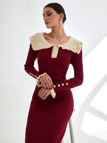 CLARA VERO Women Peter Pan Collar Rib Knit Front Button Ruffle Trim Knit Dress Sleeve Long Sweater Dress,Winter Dresses - Burgundy - View 7