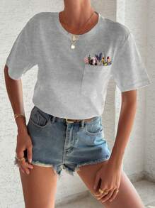 EURMUSE 100%Cotton T-Shirt With Flower Embroidery, Round Collar, Pocket Details - Grey - View 3