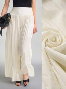 SHEIN Stylify 万圣节假期返校节全褶服装飘逸短裙阔腿裤白色宽松雪纺适合外出度假教堂。 - 杏色 - 查看 1