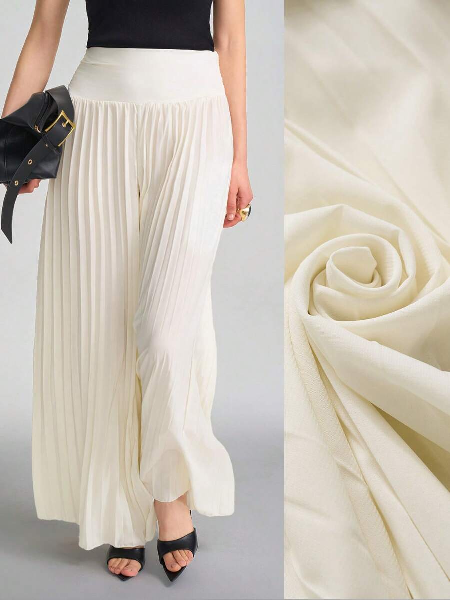 SHEIN Stylify 万圣节假期返校节全褶服装飘逸短裙阔腿裤白色宽松雪纺适合外出度假教堂。 - 杏色 - 查看 1