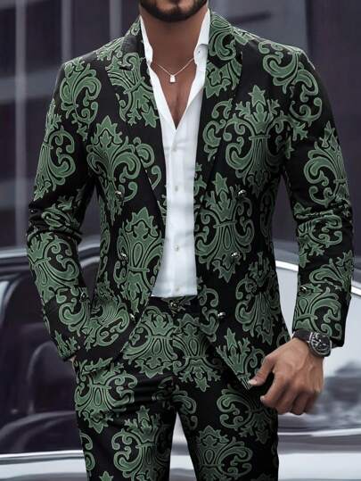 Manfinity AFTRDRK Men's All Over Print Double-Breasted Long Sleeve Suit Jacket With Pocket Pants Set