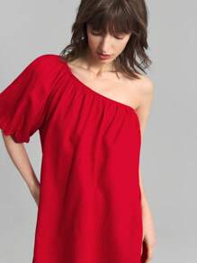 Ontre 2025 Women's Summer Elegant Red Party Dress,Strapless Puff Asymmetric Ruffle Sleeve,Solid Color Straight Casual Short Dress,Bohemian Vacation Style - Pink - View 1
