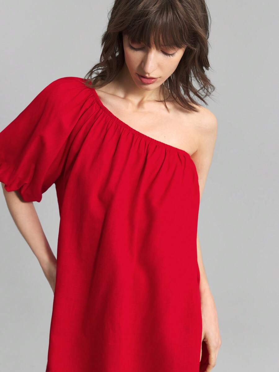 Ontre 2025 Women's Summer Elegant Red Party Dress,Strapless Puff Asymmetric Ruffle Sleeve,Solid Color Straight Casual Short Dress,Bohemian Vacation Style - Pink - View 1