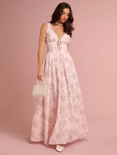 Enchnt Spring/Summer Romantic Women Pink Floral Print Hollow Out Embroidery Lace Stitching Sleeveless Maxi Dress,Sweet&Elegant For Birthday&Holiday Party&Sweet Date Night&Daily Commuting&Vacation&Graduation Season&Afternoon Tea&Garden Parties,Summer Outfits For Women,Sun Dresses For Women