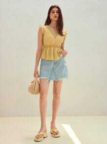 MOTF STUDIO CONTRAST LACE PEPLUM TOP - Yellow - View 6