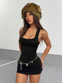 StreetHx Streetwear Women Vintage Cool Military Green Wide Shoulder Square Neck Versatile Slim Fit Black Tank Top, Autumn - Black - View 4