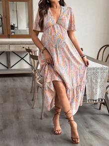 SHEIN Bohemian Style Colorful Paisley Floral Print V-Neck Ruffle Sleeve Maternity Dress - Multicolor - View 4