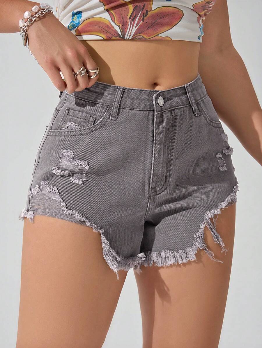 SHEIN EZwear Celana Pendek Denim Wanita Kasual Serbaguna dengan Ujung Robek dan Kantong - Grey - View 1