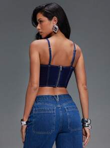 Denimoi 短款牛仔扣上衣，简约时尚，适合夏季 - 中等水洗藍 - 查看 5