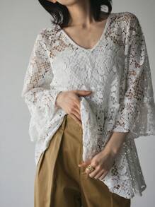FRIFUL Blusa holgada con encaje y volantes de manga corta, uso casual de verano para vacaciones - Blanco - Ver 7