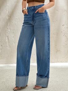 EURMUSE 女式高腰口袋阔腿宽松休闲百搭牛仔裤