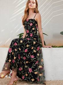 Aveloria Nowa Elegancka Francuska Vintage Elegancka Dama Formalna Romantyczna Ciężka Haftowana Siatka Kwiatowa 3D Dekoracja Bez Rękawów Ściągana Talia Maxi Sukienka A-Line