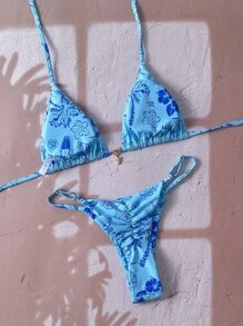 Swim Vcay Bộ bikini dây mảnh đính kim loại màu xanh gợi cảm dành cho nữ mùa xuân, họa tiết ngẫu nhiên, trang phục đi biển mùa hè - Nhiều màu - Xem 3