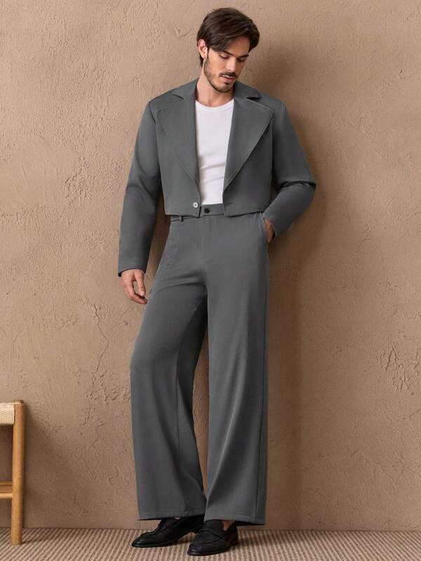 HIMLAND 2pcs/Set Men Casual Woven Loose Fit Short Sleeve Open Front Jacket And Straight Leg Elastic Waist Pants Suit Set