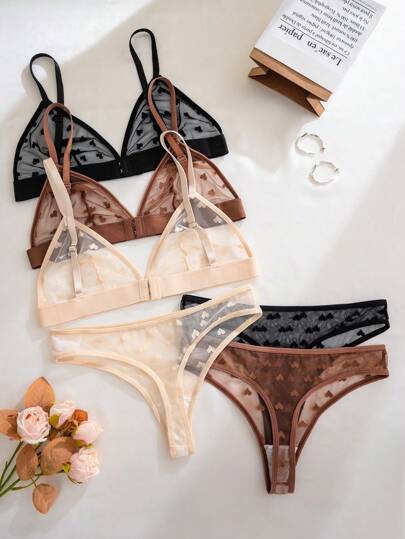 Verleidelijke Doorschijnende Heart Jacquard Mesh Wireless Triangle BH Lingerie Set view 2