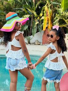 Top casual senza schienale con fiocco e maniche corte, adatto per vacanze e moda giovane, abiti coordinati per fratelli e sorelle (2 pezzi venduti separatamente)