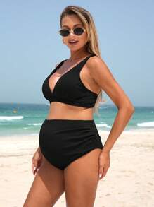 SHEIN Maternity Solid High Waisted Bikini Set For Summer Beach Vacation - Black - View 5