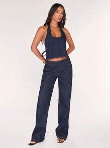 SHEIN BAE 春夏女裤杏色深蓝色牛仔简约时尚低腰阔腿裤休闲日常度假/办公室女装/春季女装/商务休闲女装/夏季下装/外出/牛仔长裤 - 深色水洗藍 - 查看 7