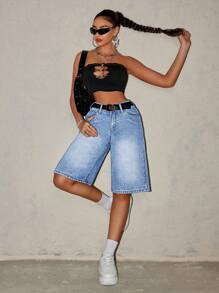 SHEIN Tall 女式渐变色口袋夏季休闲宽松牛仔短裤 - 淺色水洗藍 - 查看 6