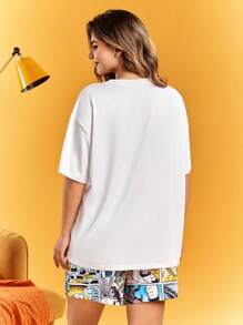 Astro Boy X SHEIN Conjunto de pijama de talla grande cómodo y casual de verano con top blanco y shorts holgados con estampado de dibujos animados
